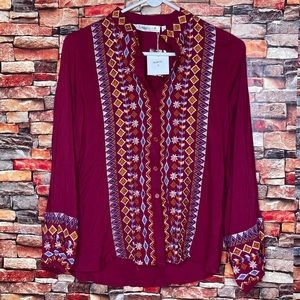 Burgundy button down shirt with design